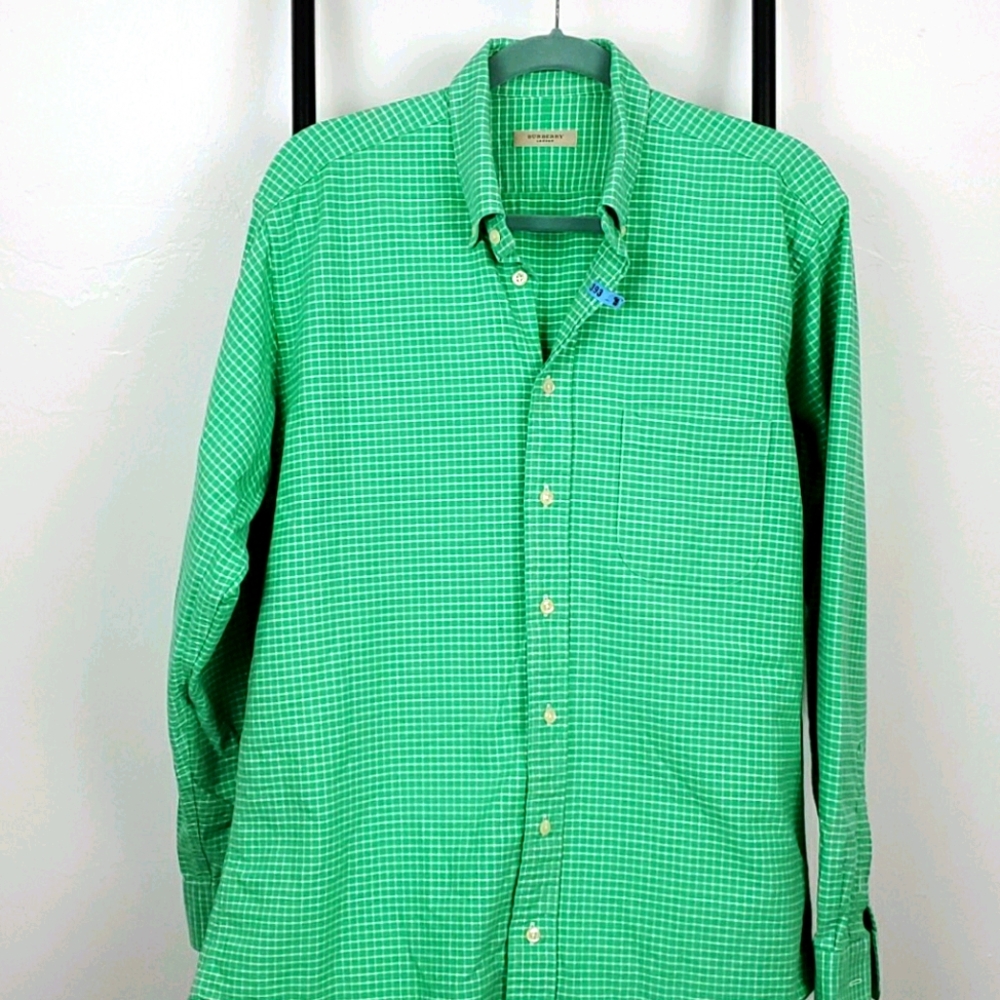 Burberry Men’s Green White Plaid Cotton Shirt Long Sleeve L